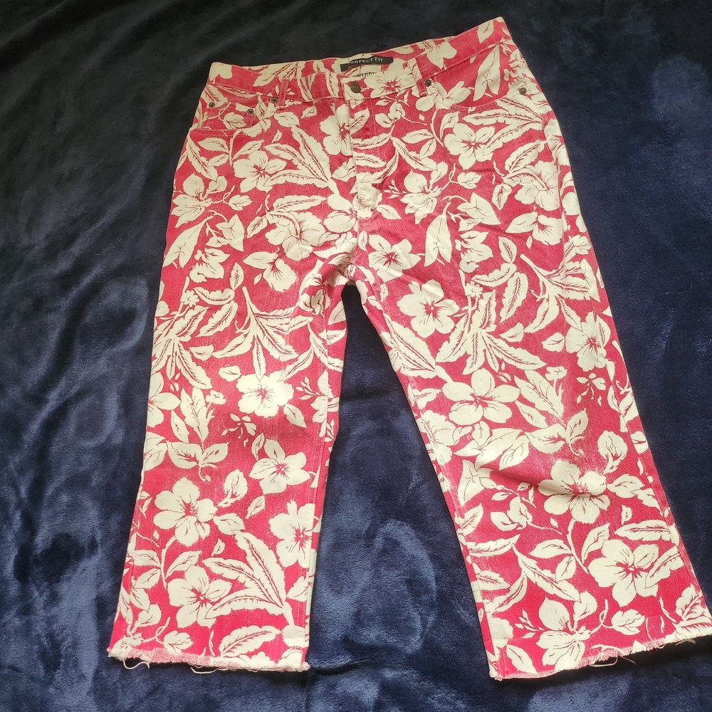 VTG Bill Blass Capri Jeans Perfect Fit White Hibiscus Bright Pink Womens Sz 14